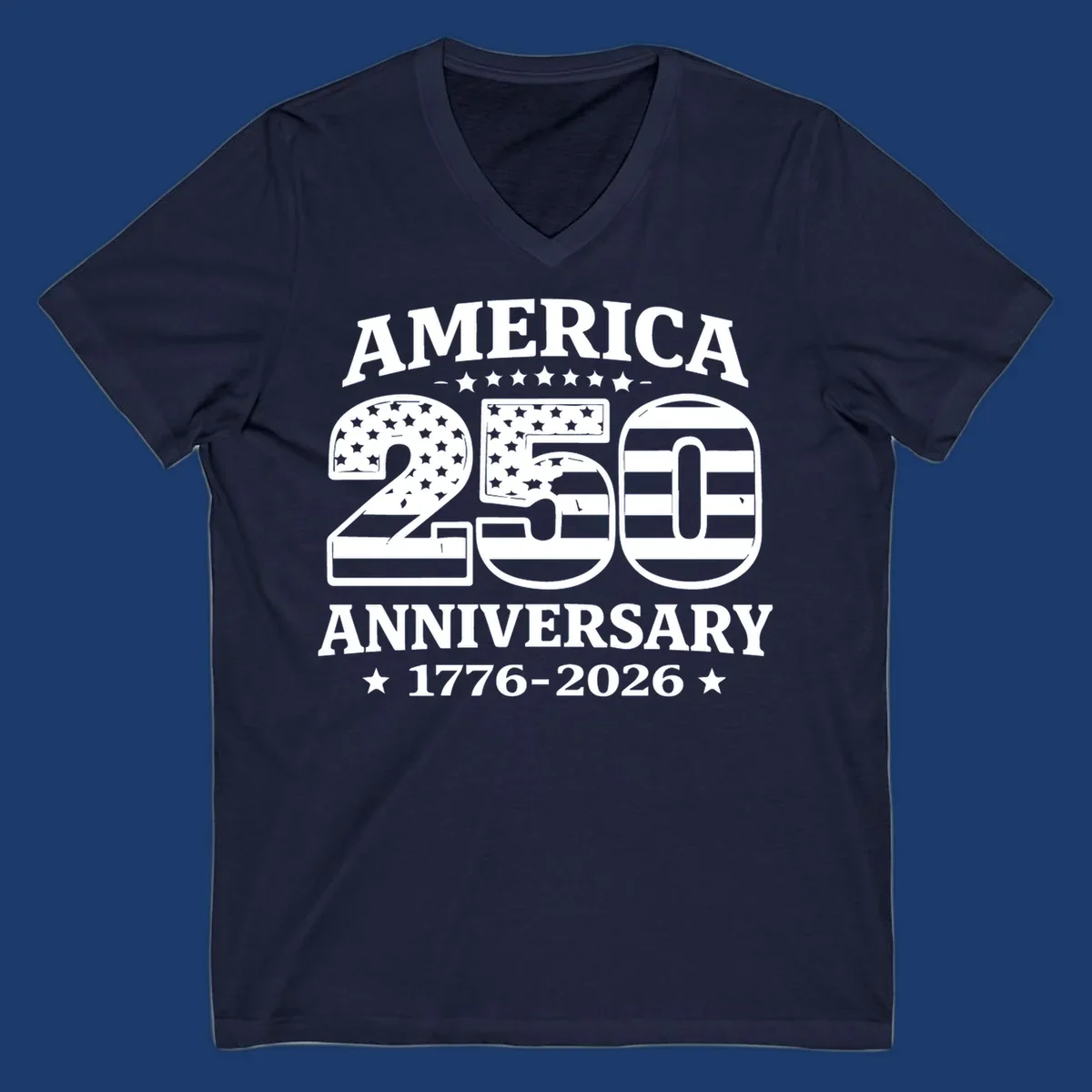 America 250th anniversary text and numbers with American flag elements.