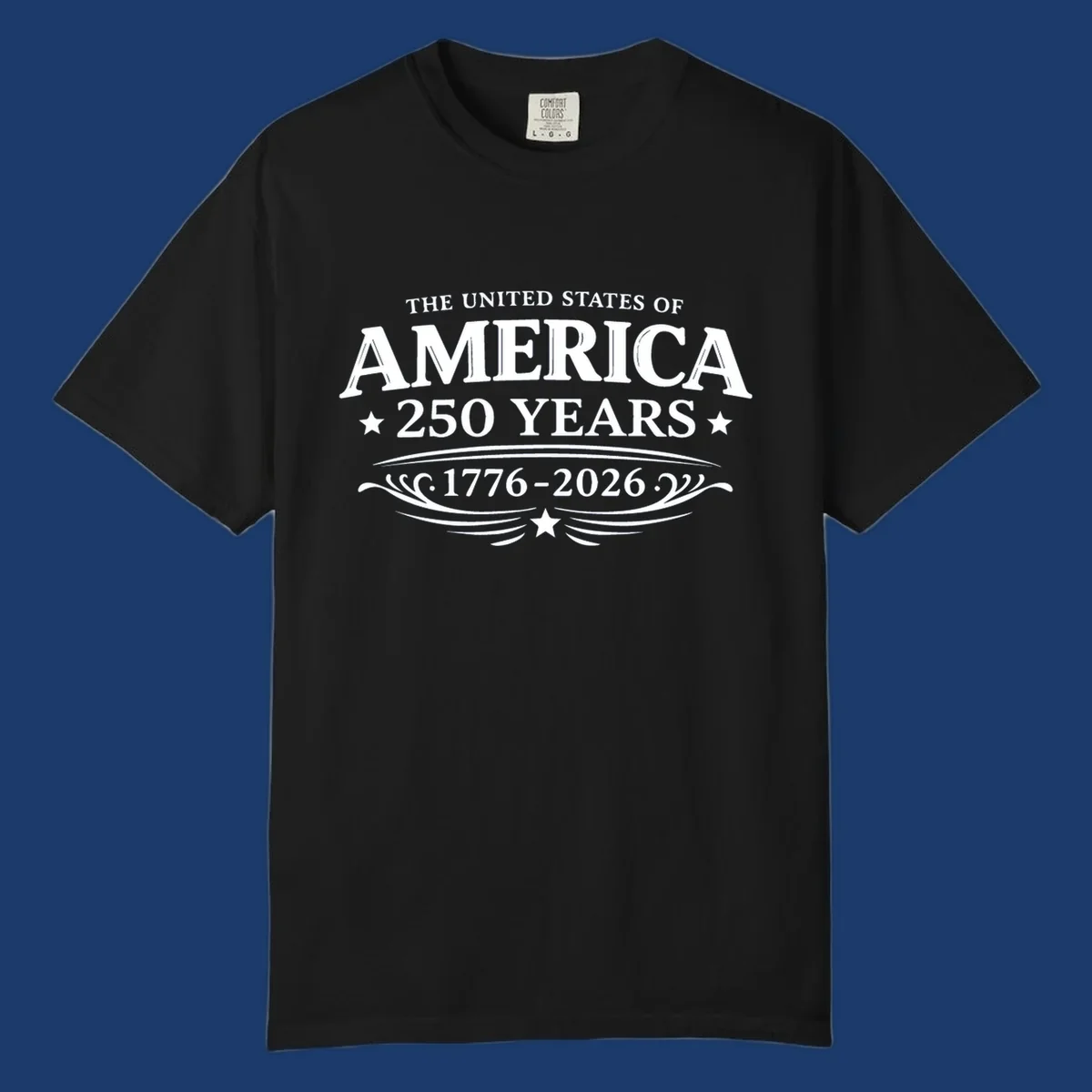 America 250 years text and dates 1776-2026 with stars and decorative elements.