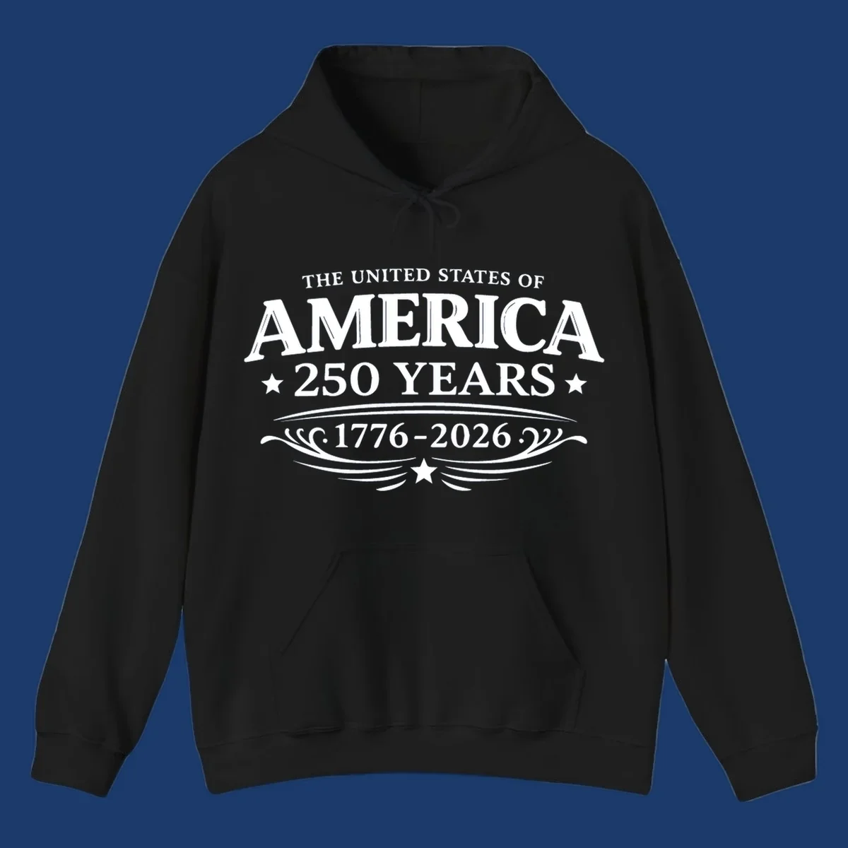 America 250 years text and dates 1776-2026 with stars and decorative elements.