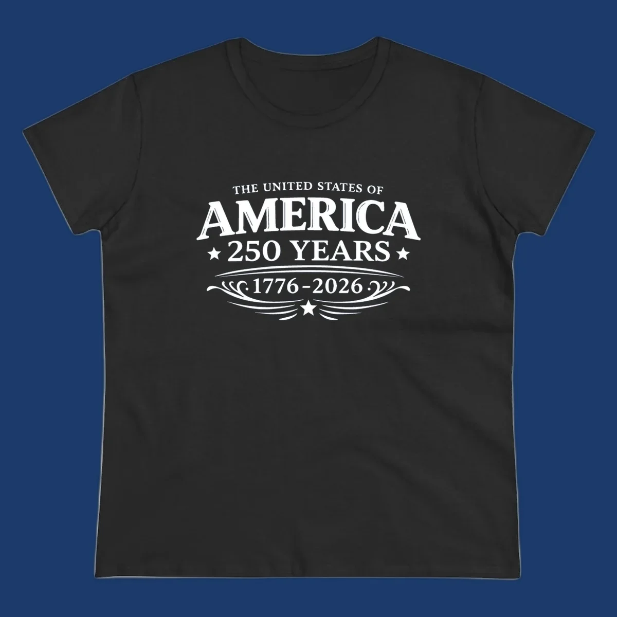 America 250 years text and dates 1776-2026 with stars and decorative elements.