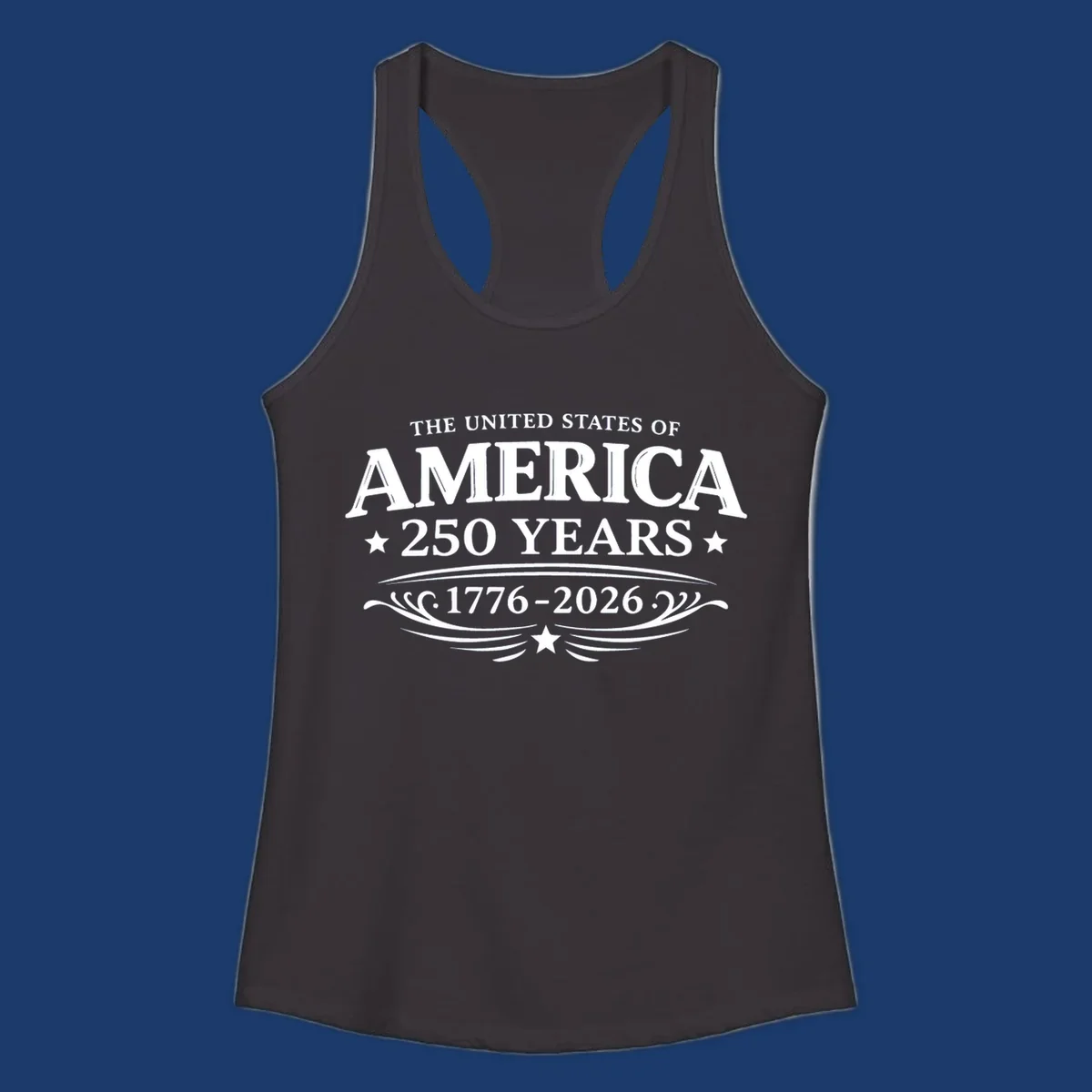 America 250 years text and dates 1776-2026 with stars and decorative elements.