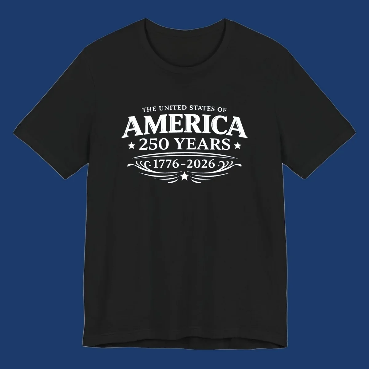 America 250 years text and dates 1776-2026 with stars and decorative elements.