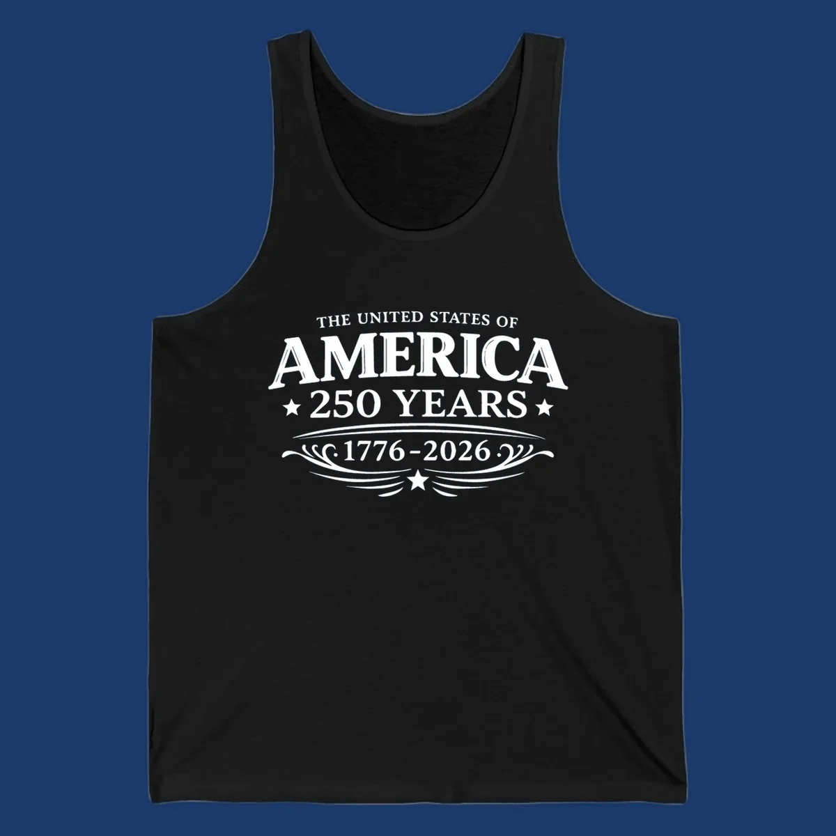 America 250 years text and dates 1776-2026 with stars and decorative elements.