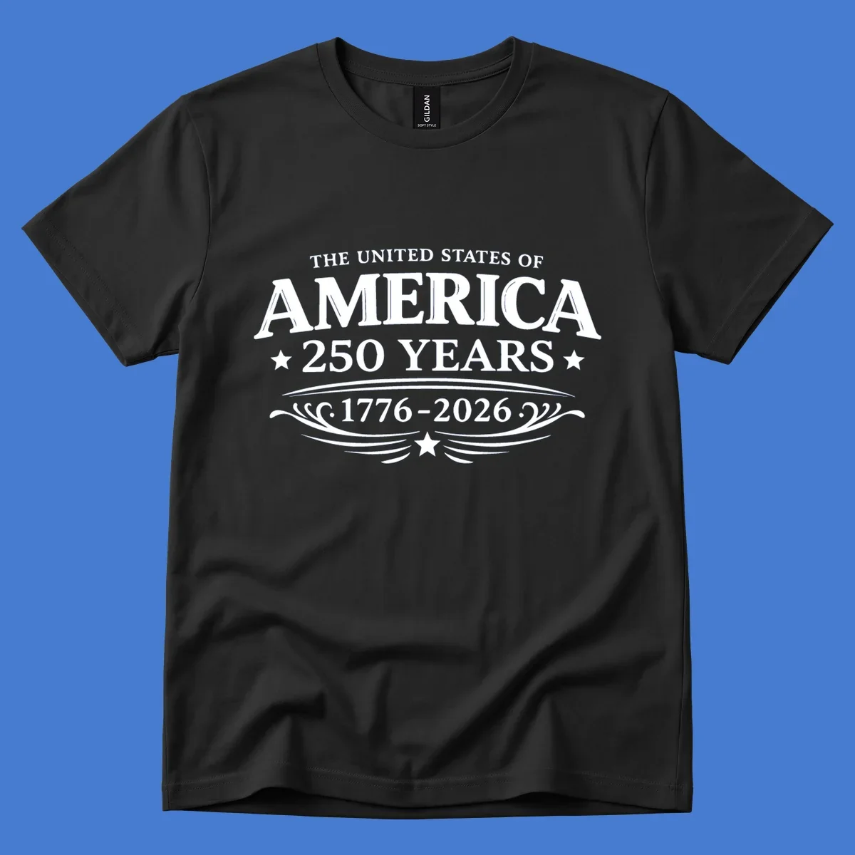 America 250 years text and dates 1776-2026 with stars and decorative elements.