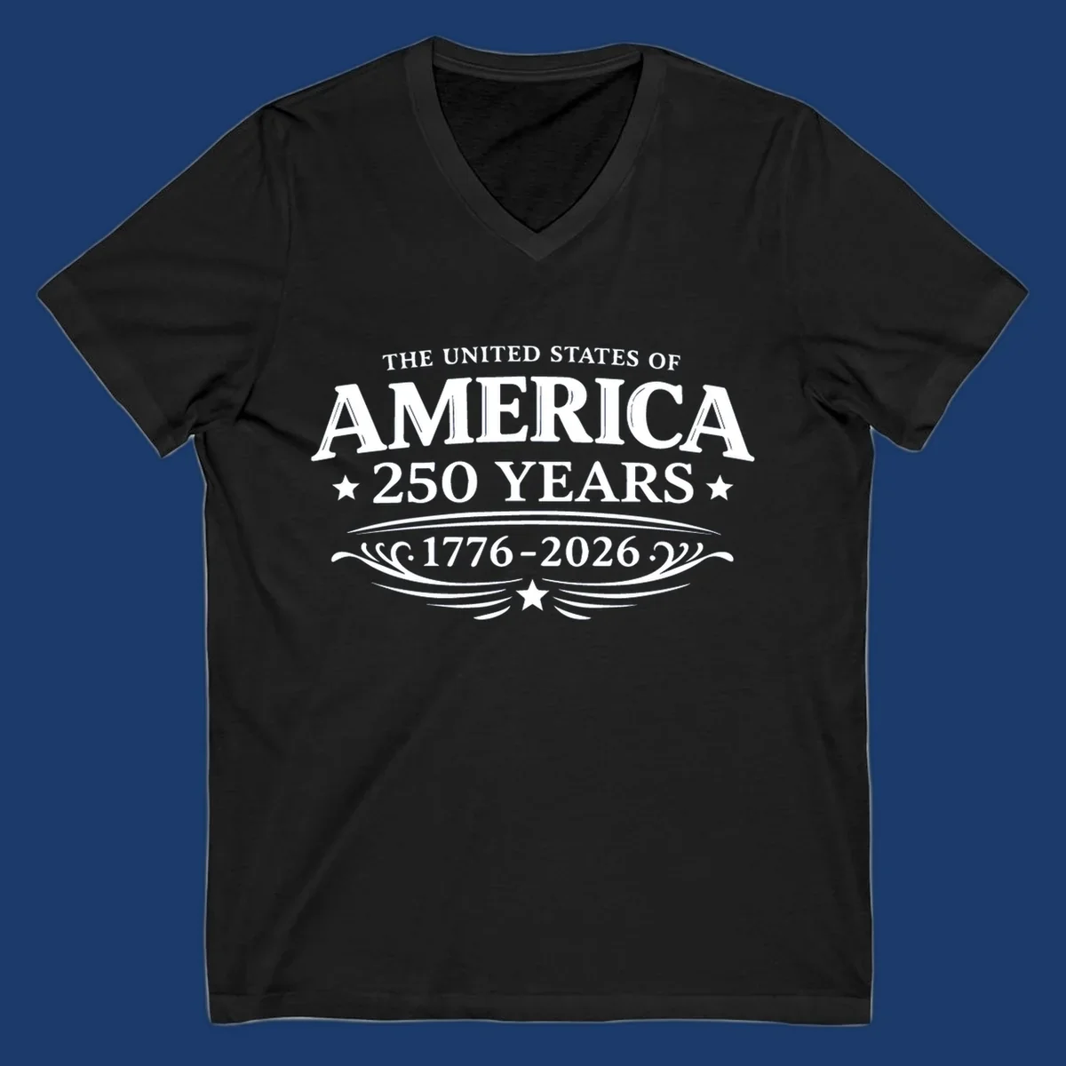 America 250 years text and dates 1776-2026 with stars and decorative elements.