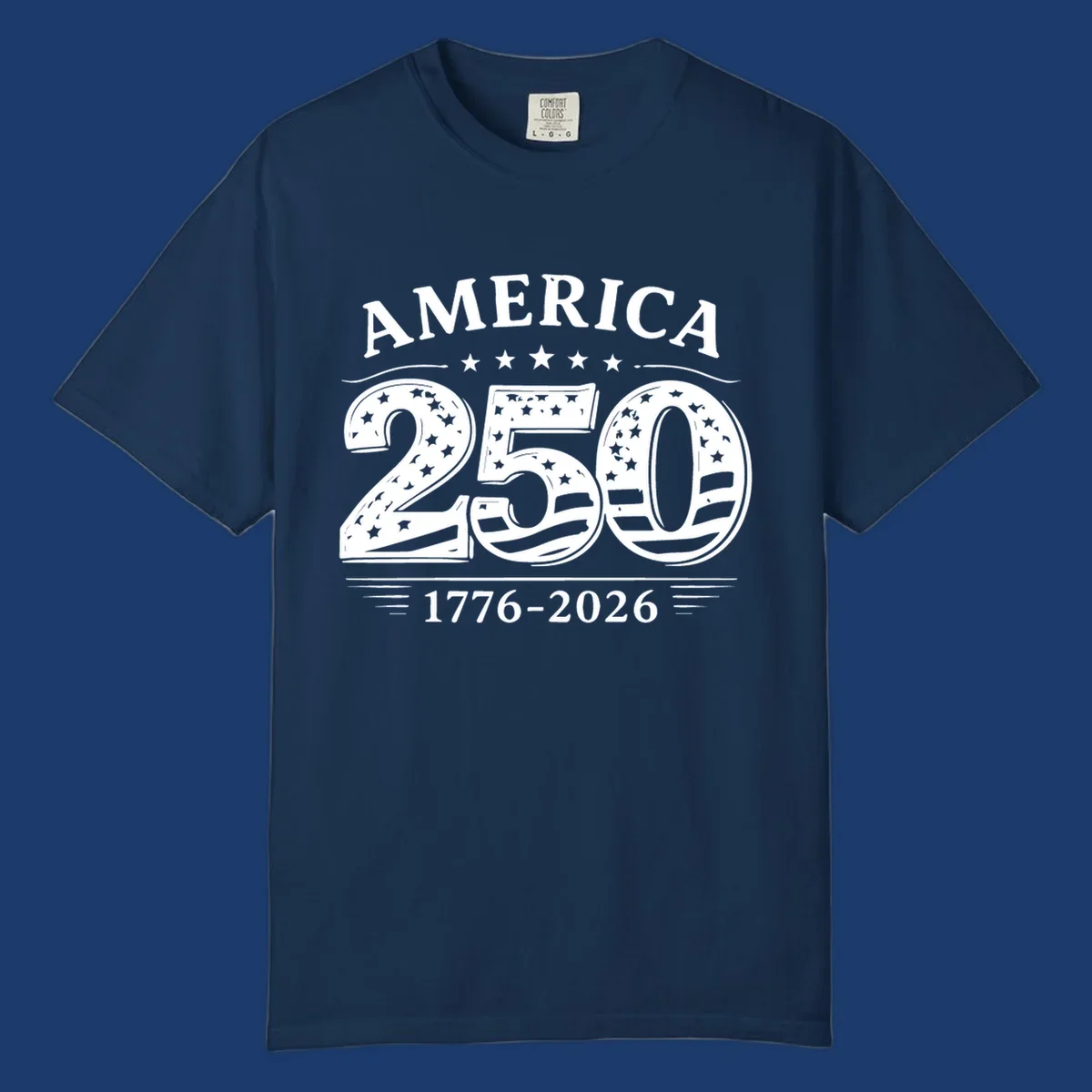 America 250th anniversary celebration text with stars and stripes.