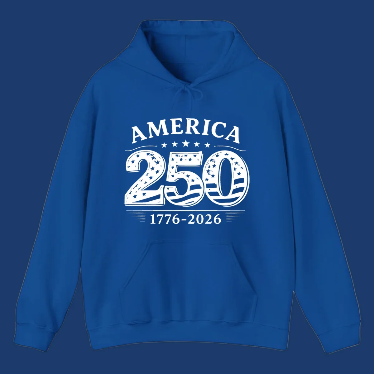 America 250th anniversary celebration text with stars and stripes.