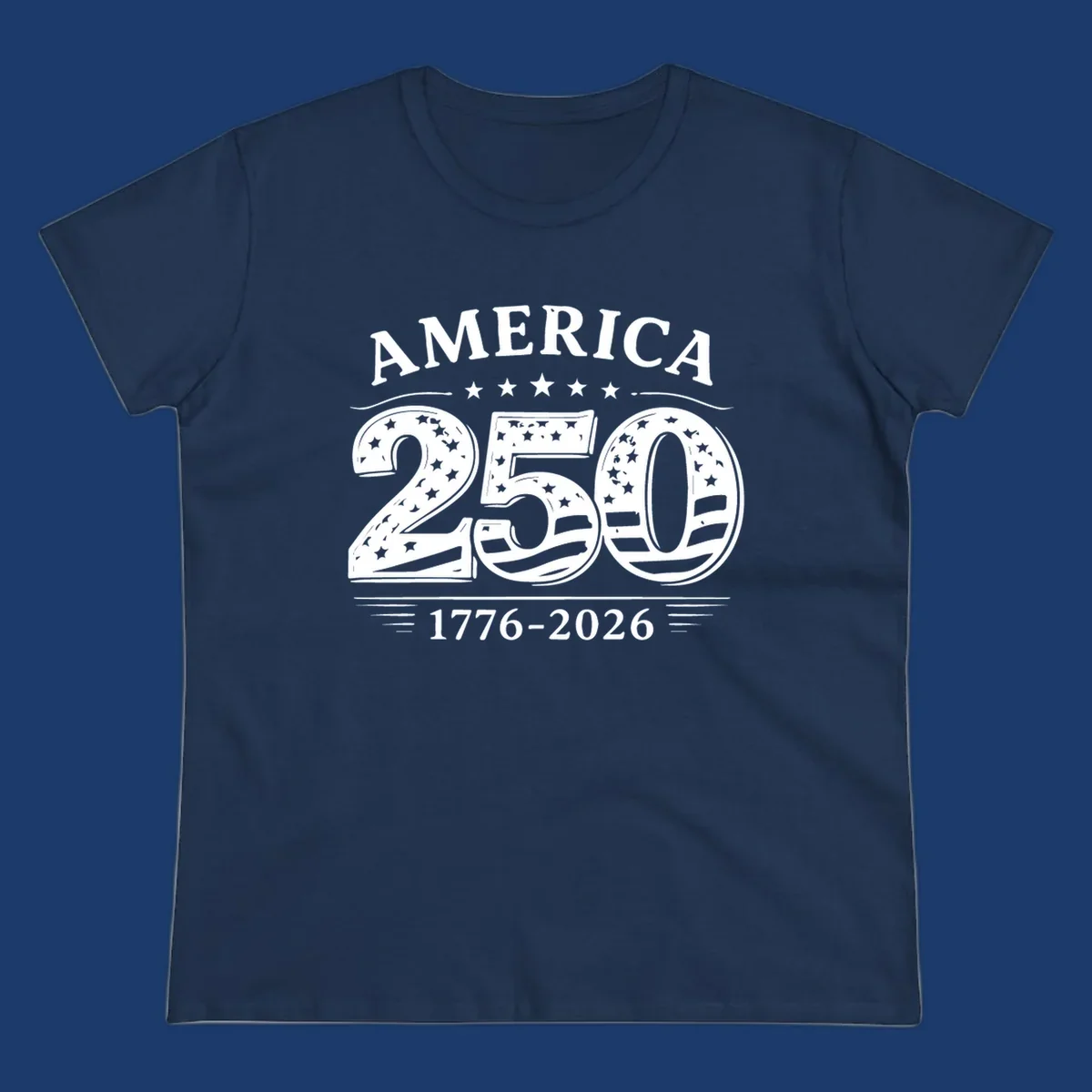 America 250th anniversary celebration text with stars and stripes.