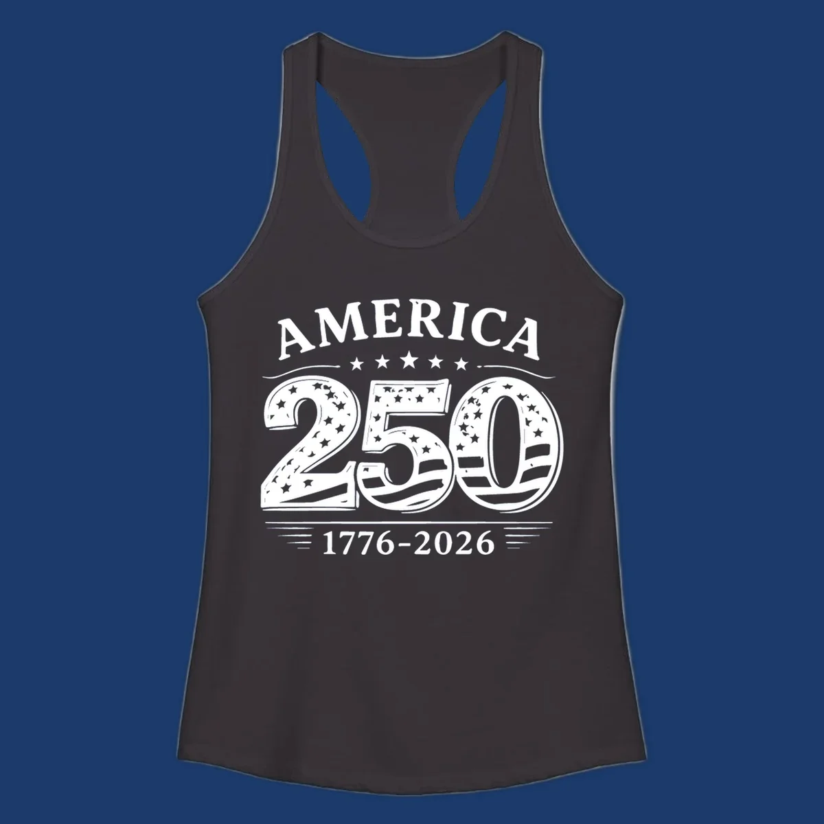 America 250th anniversary celebration text with stars and stripes.