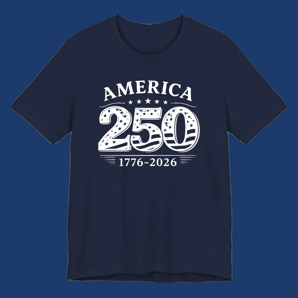 America 250th anniversary celebration text with stars and stripes.