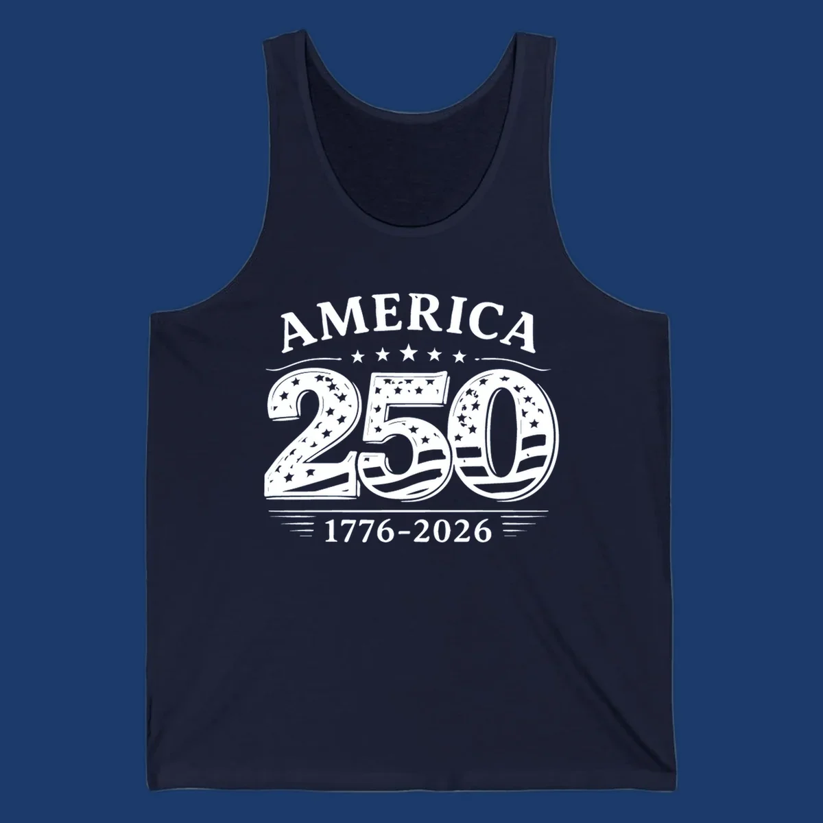 America 250th anniversary celebration text with stars and stripes.