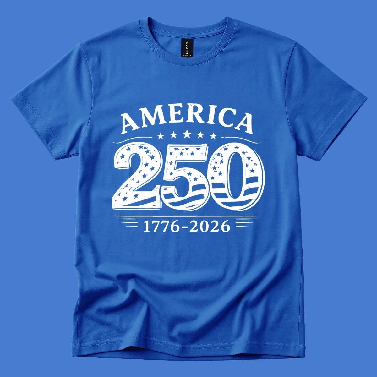 America 250th anniversary celebration text with stars and stripes.
