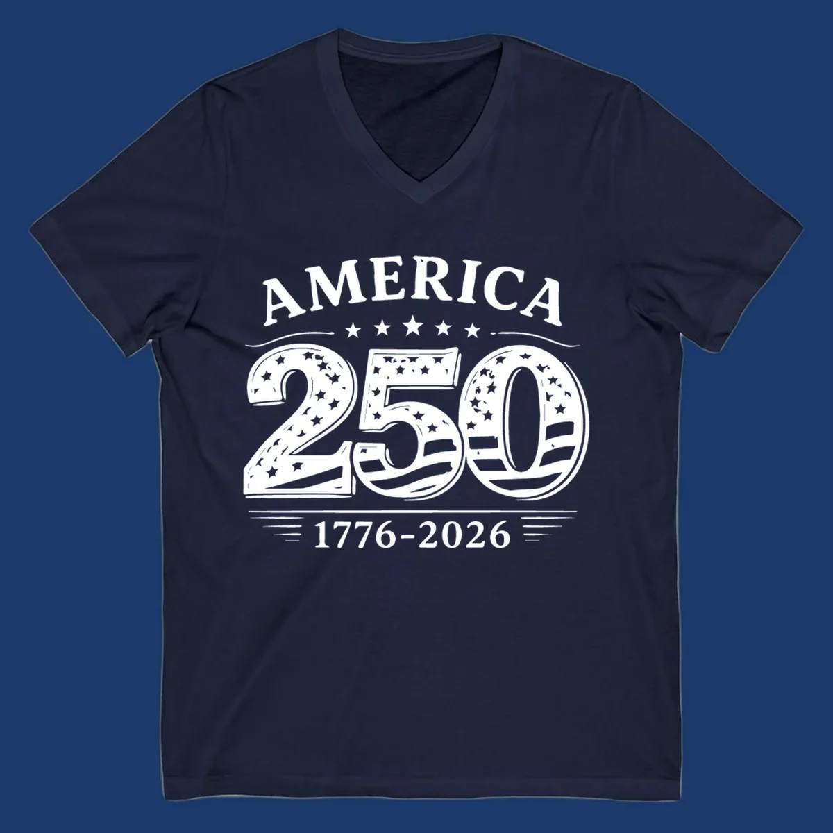 America 250th anniversary celebration text with stars and stripes.