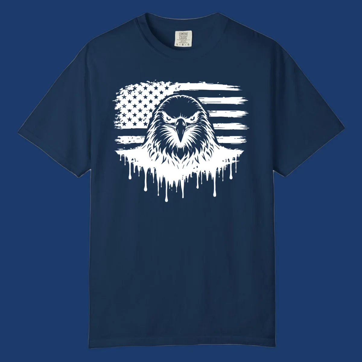 Bold eagle head illustration on a distressed American flag with dripping effect.
