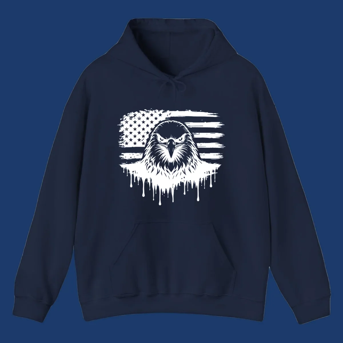 Bold eagle head illustration on a distressed American flag with dripping effect.