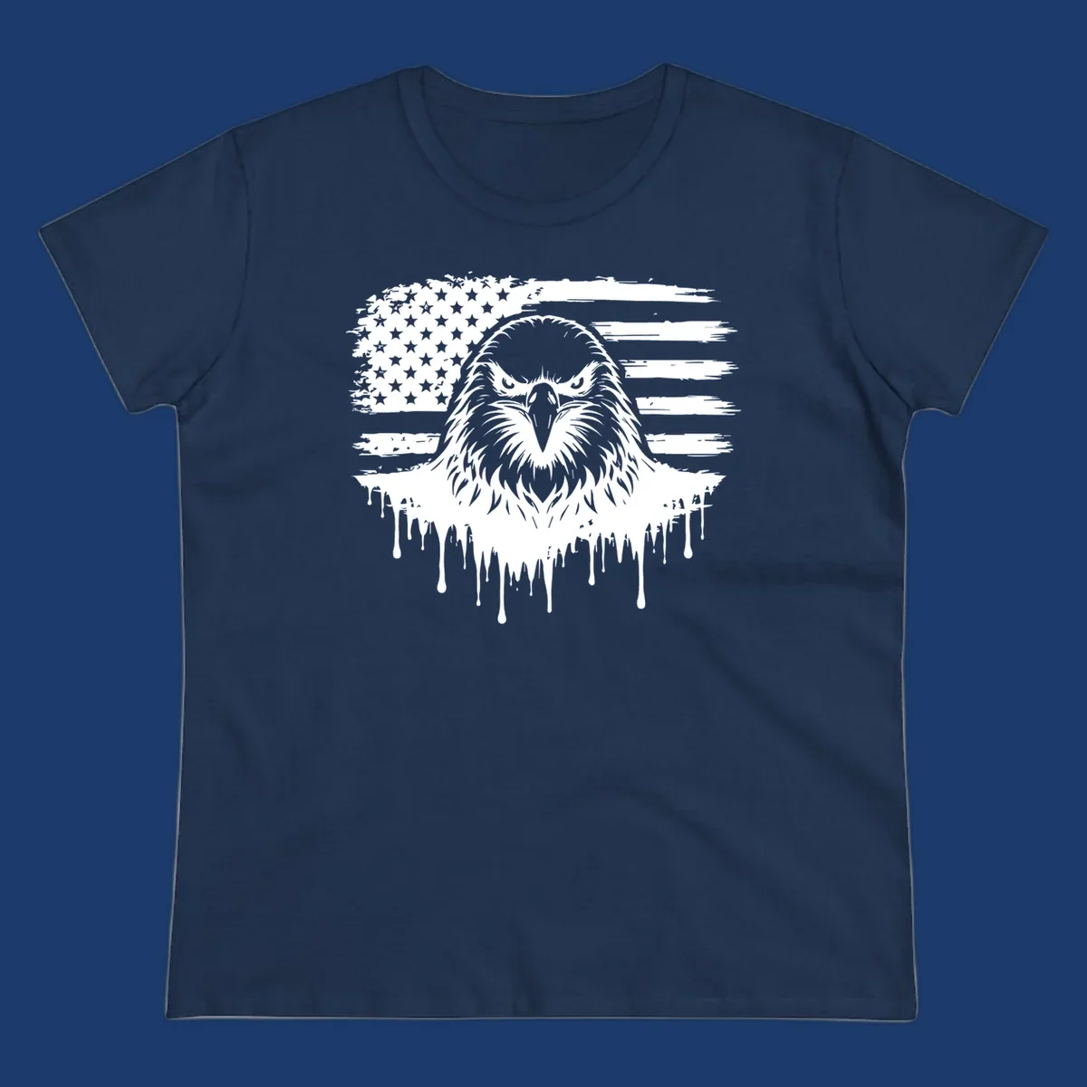 Bold eagle head illustration on a distressed American flag with dripping effect.