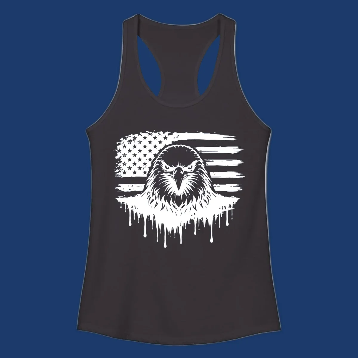 Bold eagle head illustration on a distressed American flag with dripping effect.