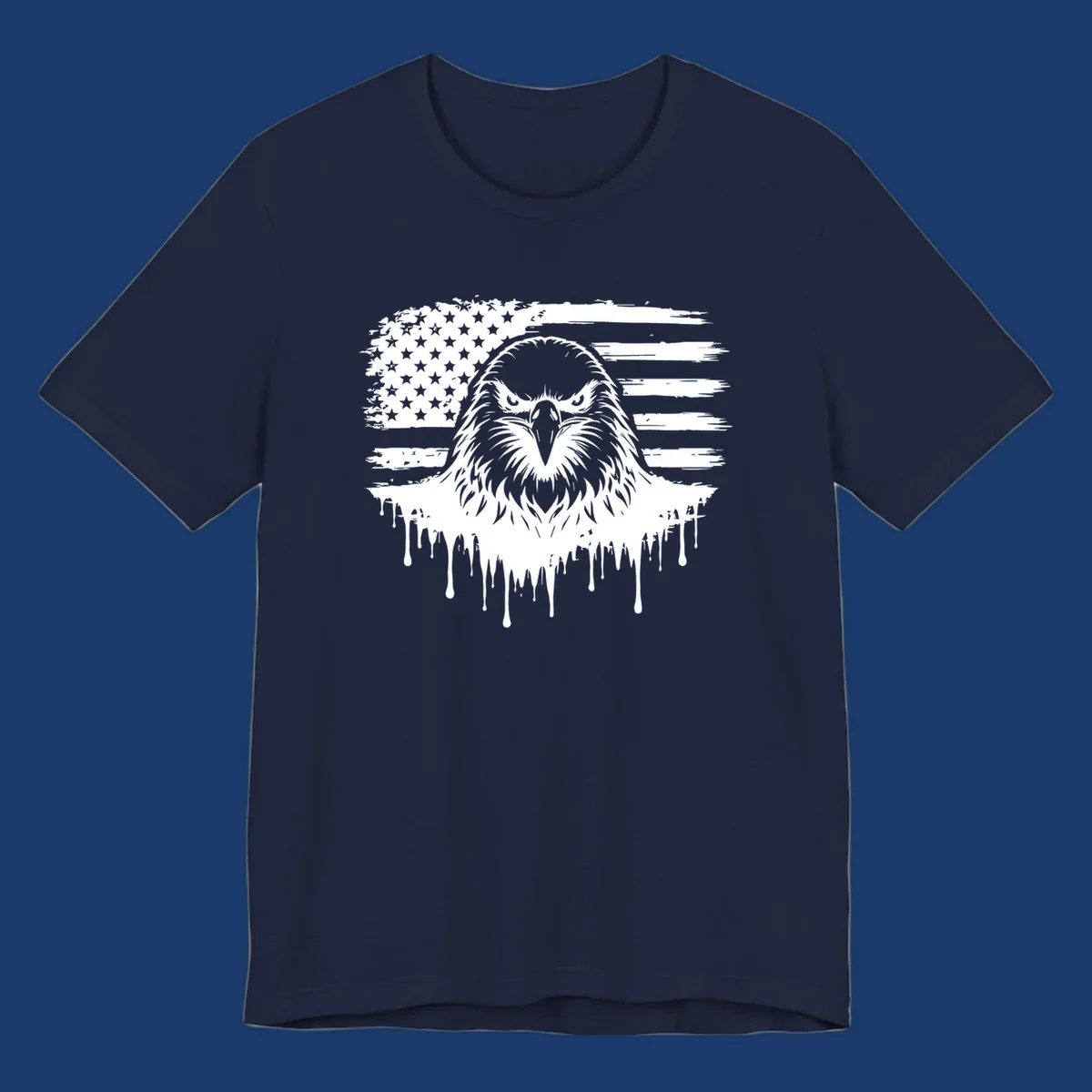 Bold eagle head illustration on a distressed American flag with dripping effect.