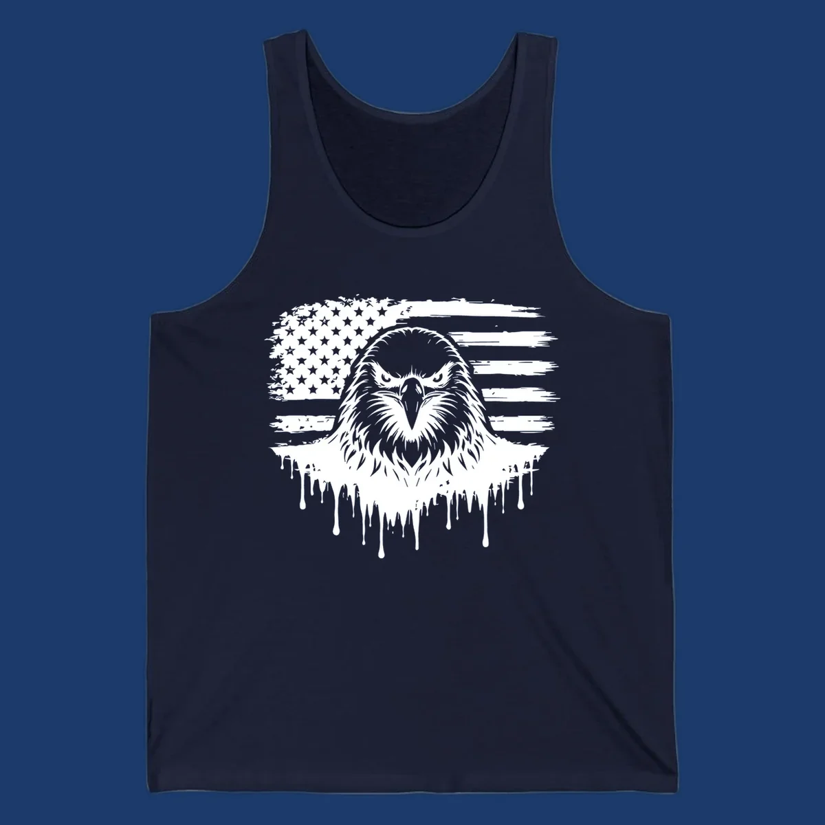 Bold eagle head illustration on a distressed American flag with dripping effect.