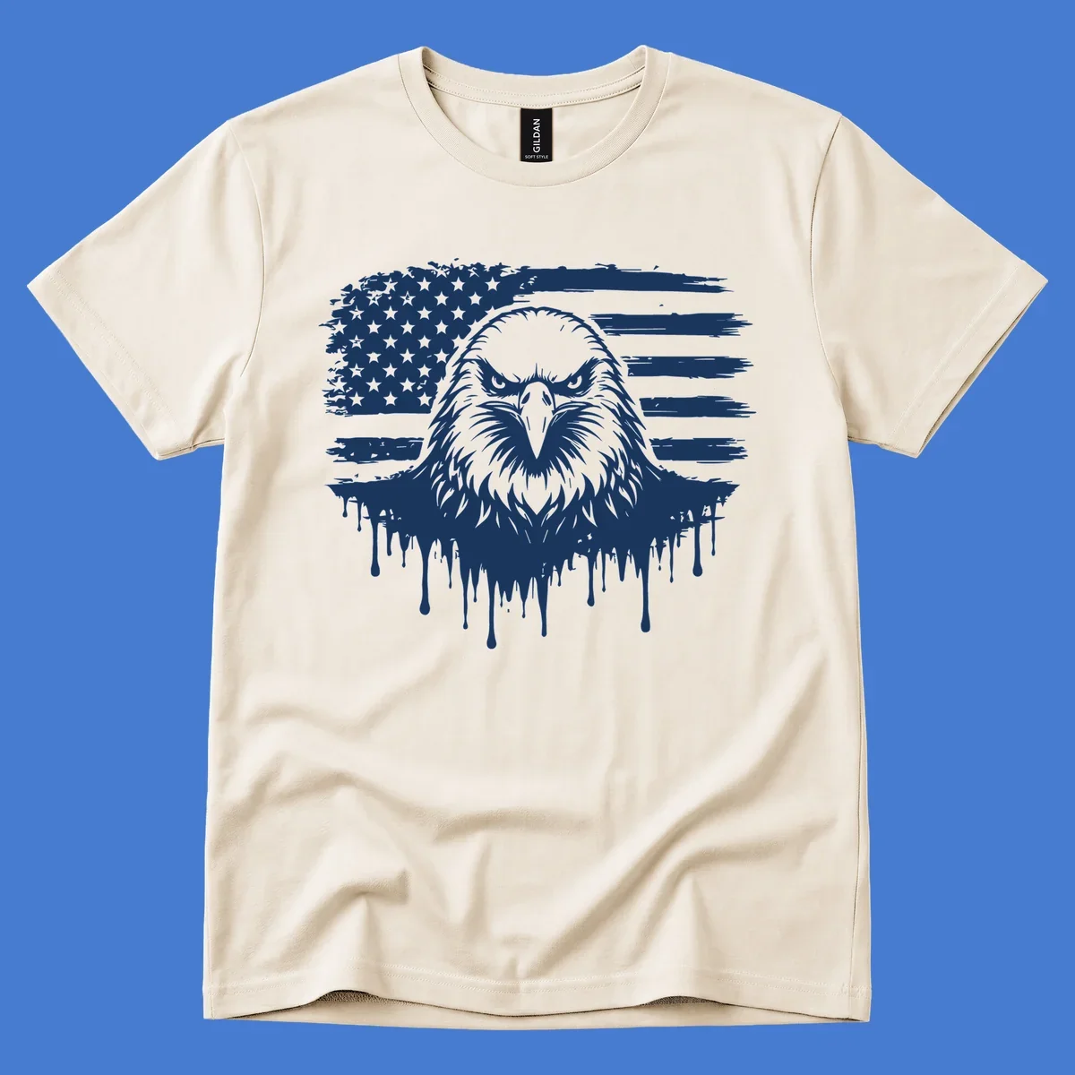 Bold eagle head illustration on a distressed American flag with dripping effect.