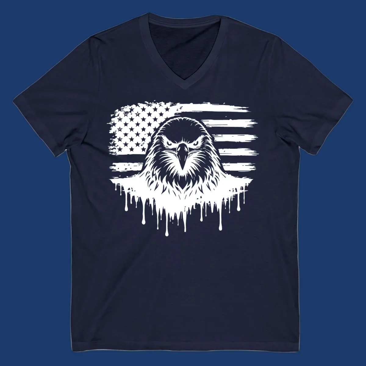 Bold eagle head illustration on a distressed American flag with dripping effect.