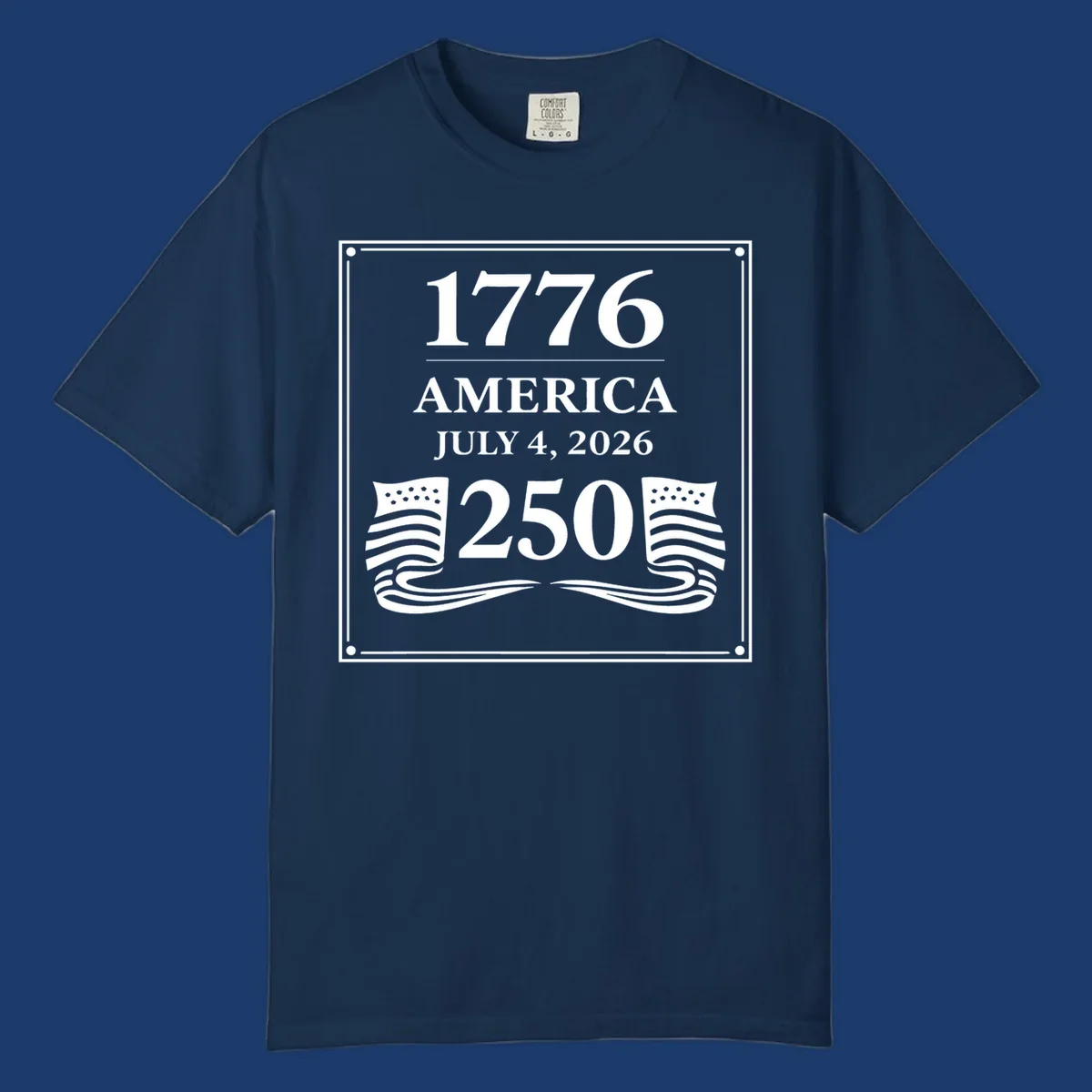 America 250th anniversary design with text and flags