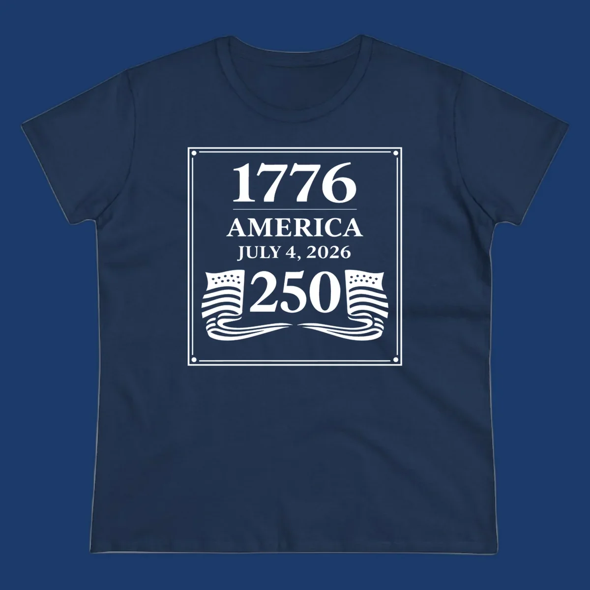 America 250th anniversary design with text and flags