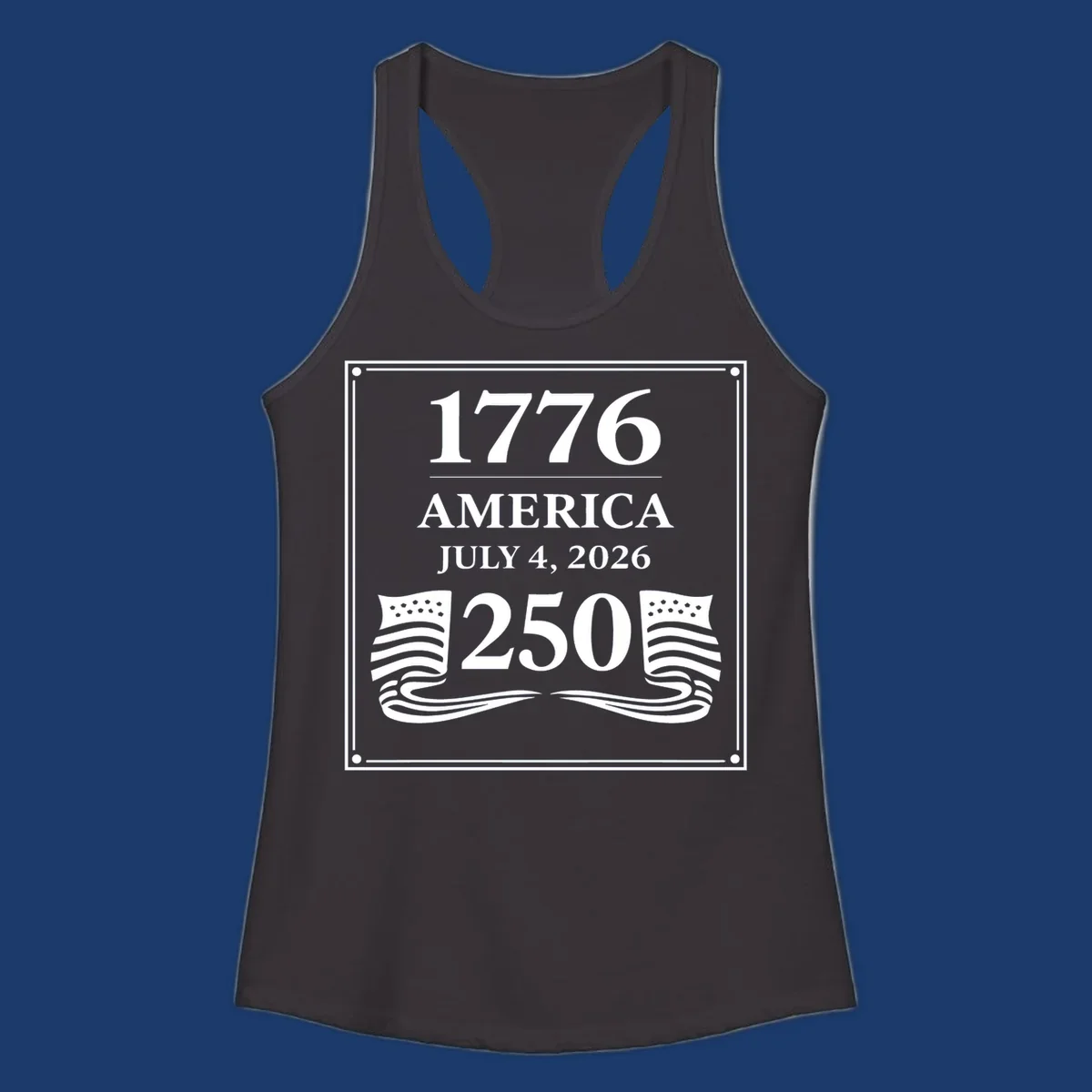 America 250th anniversary design with text and flags