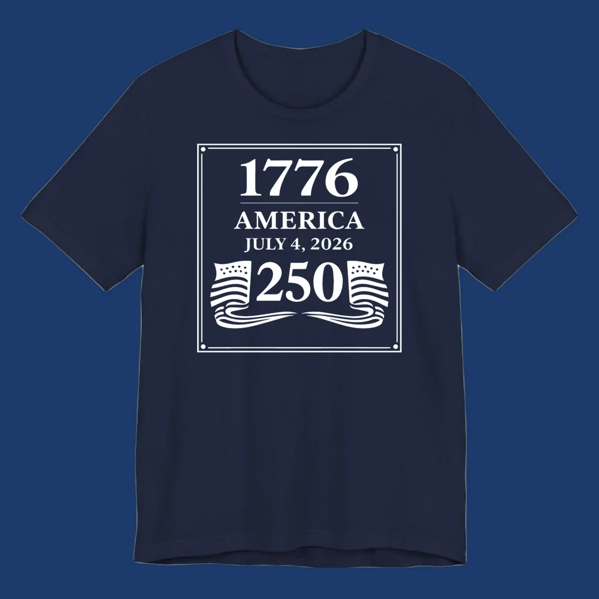 America 250th anniversary design with text and flags