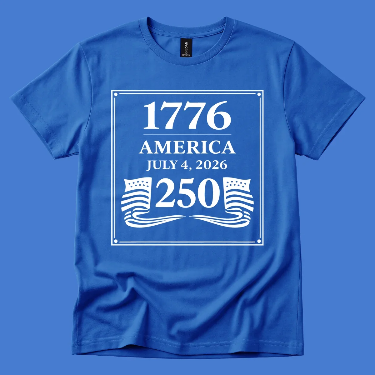 America 250th anniversary design with text and flags