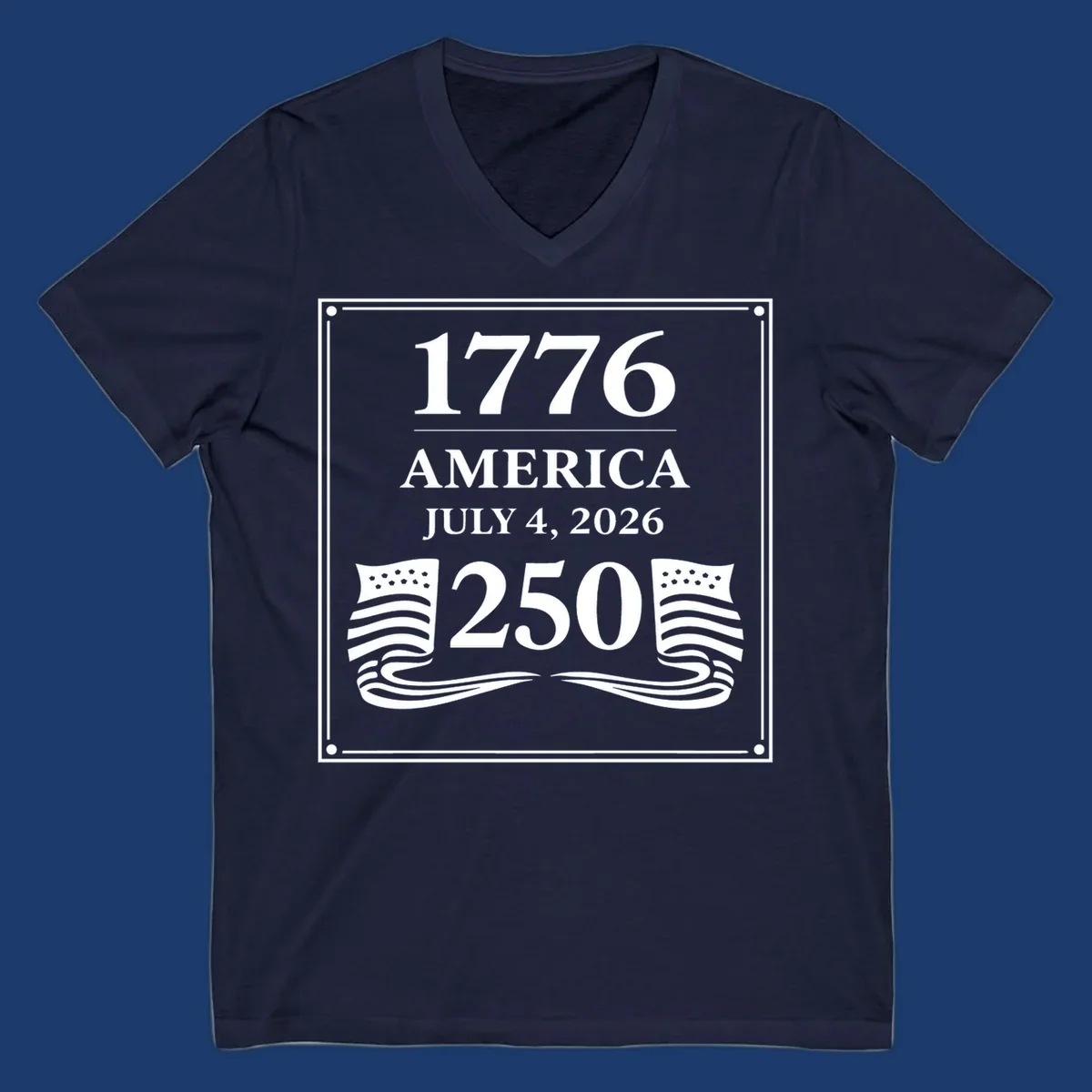 America 250th anniversary design with text and flags