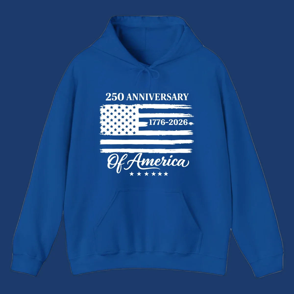 America 250th anniversary design featuring a distressed American flag and bold text celebrating 1776-2026.