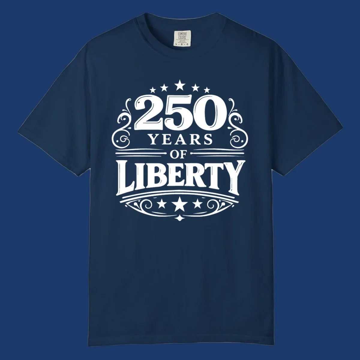 Bold typography design celebrating 250 years of liberty with stars and decorative elements.