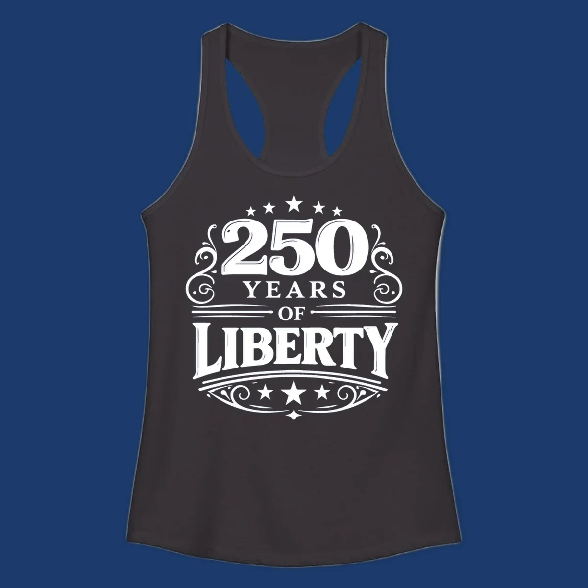 Bold typography design celebrating 250 years of liberty with stars and decorative elements.