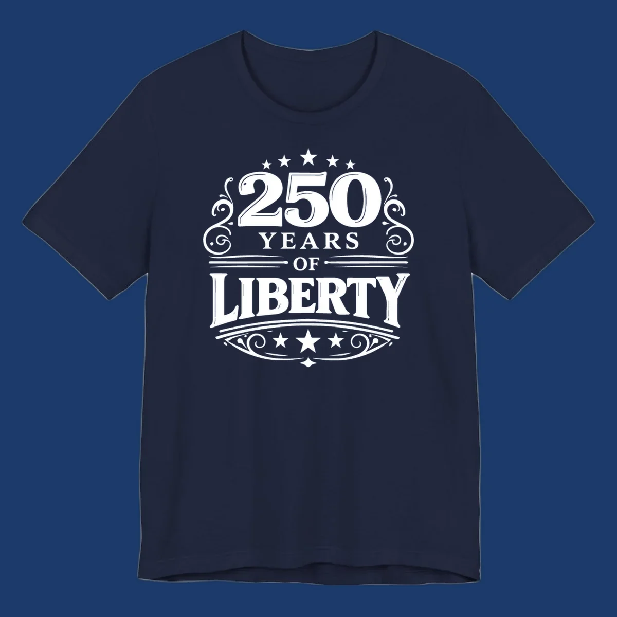 Bold typography design celebrating 250 years of liberty with stars and decorative elements.