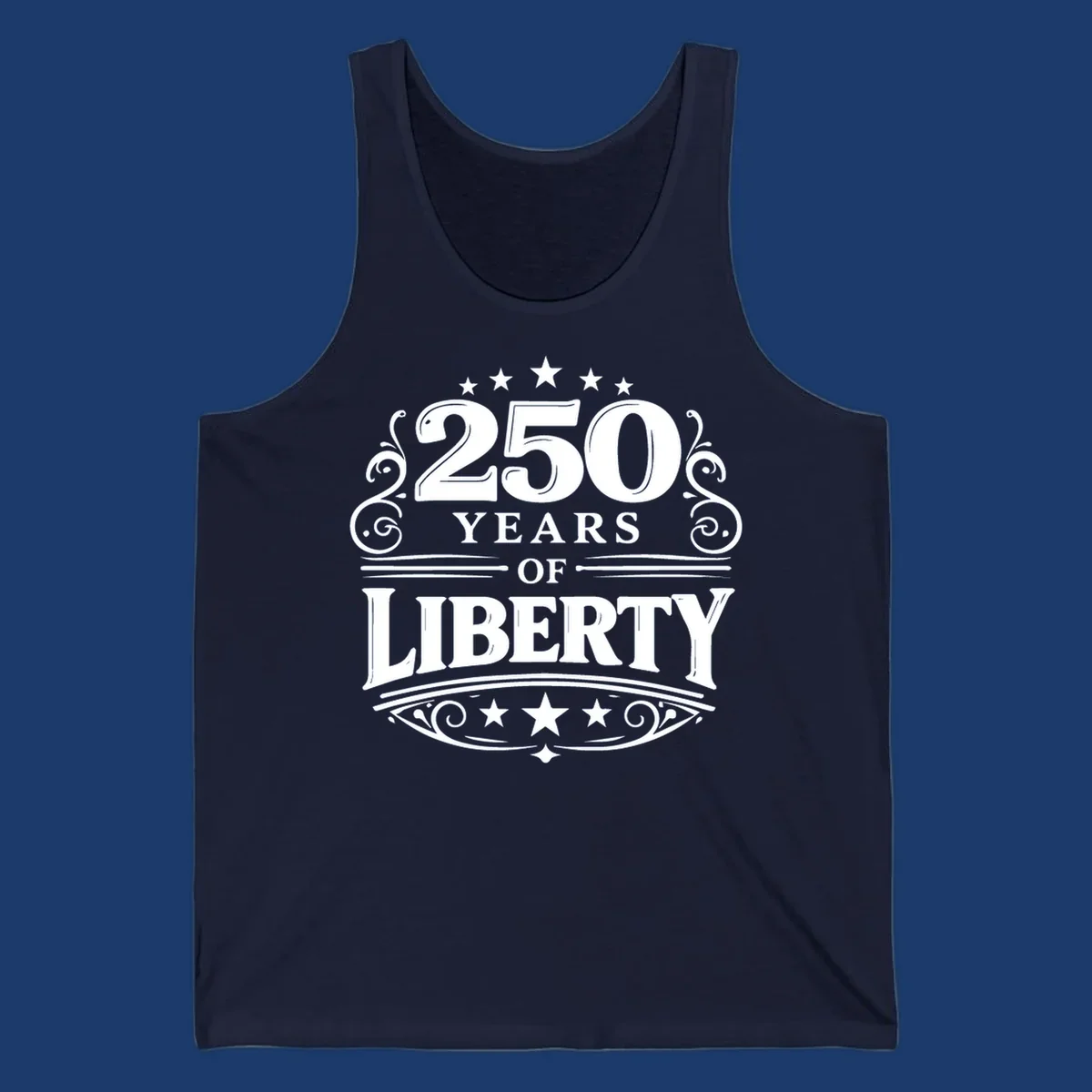 Bold typography design celebrating 250 years of liberty with stars and decorative elements.