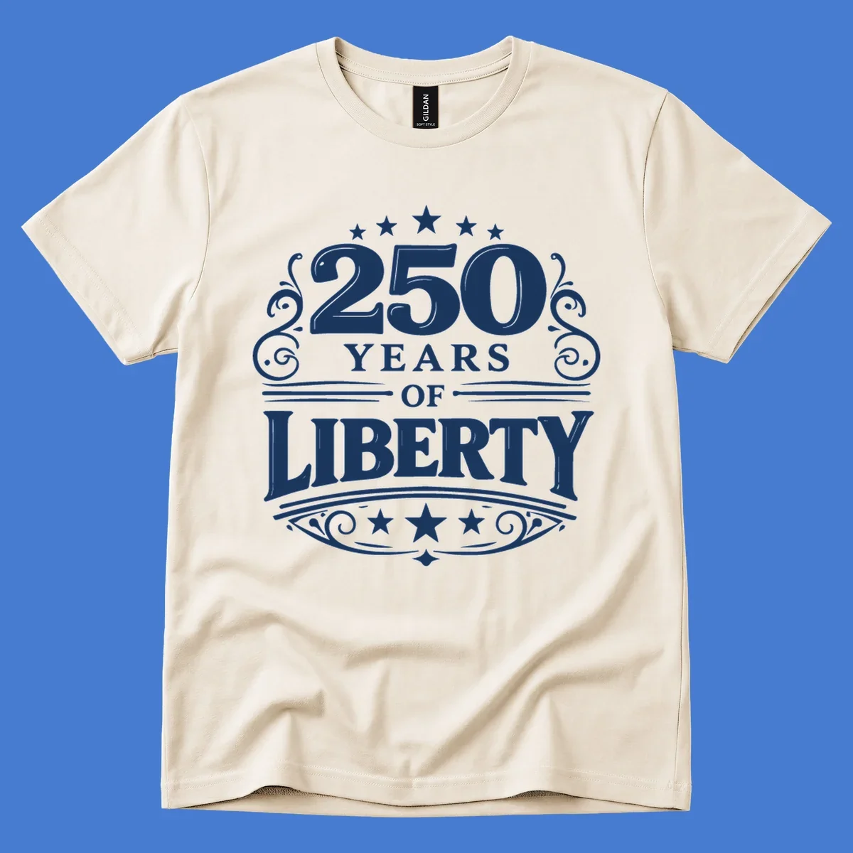 Bold typography design celebrating 250 years of liberty with stars and decorative elements.