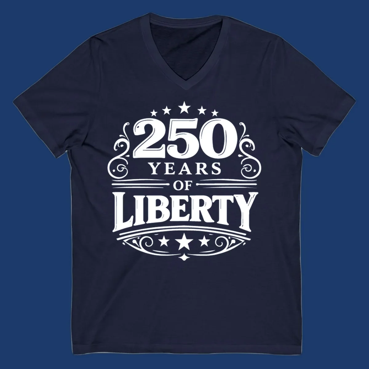 Bold typography design celebrating 250 years of liberty with stars and decorative elements.