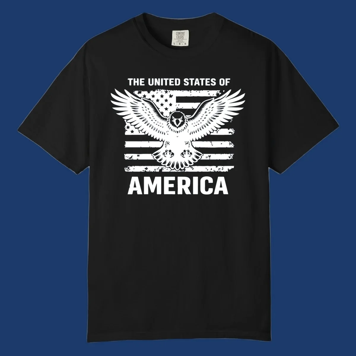 Bold American eagle with outstretched wings superimposed over a distressed USA flag, text 'THE UNITED STATES OF AMERICA'.