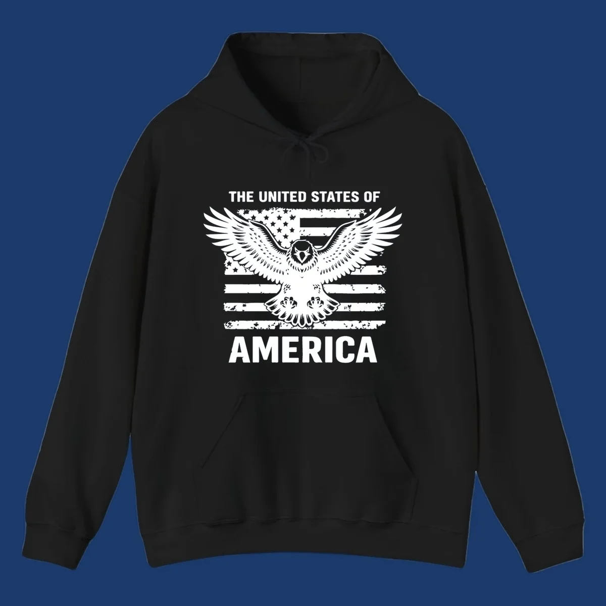 Bold American eagle with outstretched wings superimposed over a distressed USA flag, text 'THE UNITED STATES OF AMERICA'.