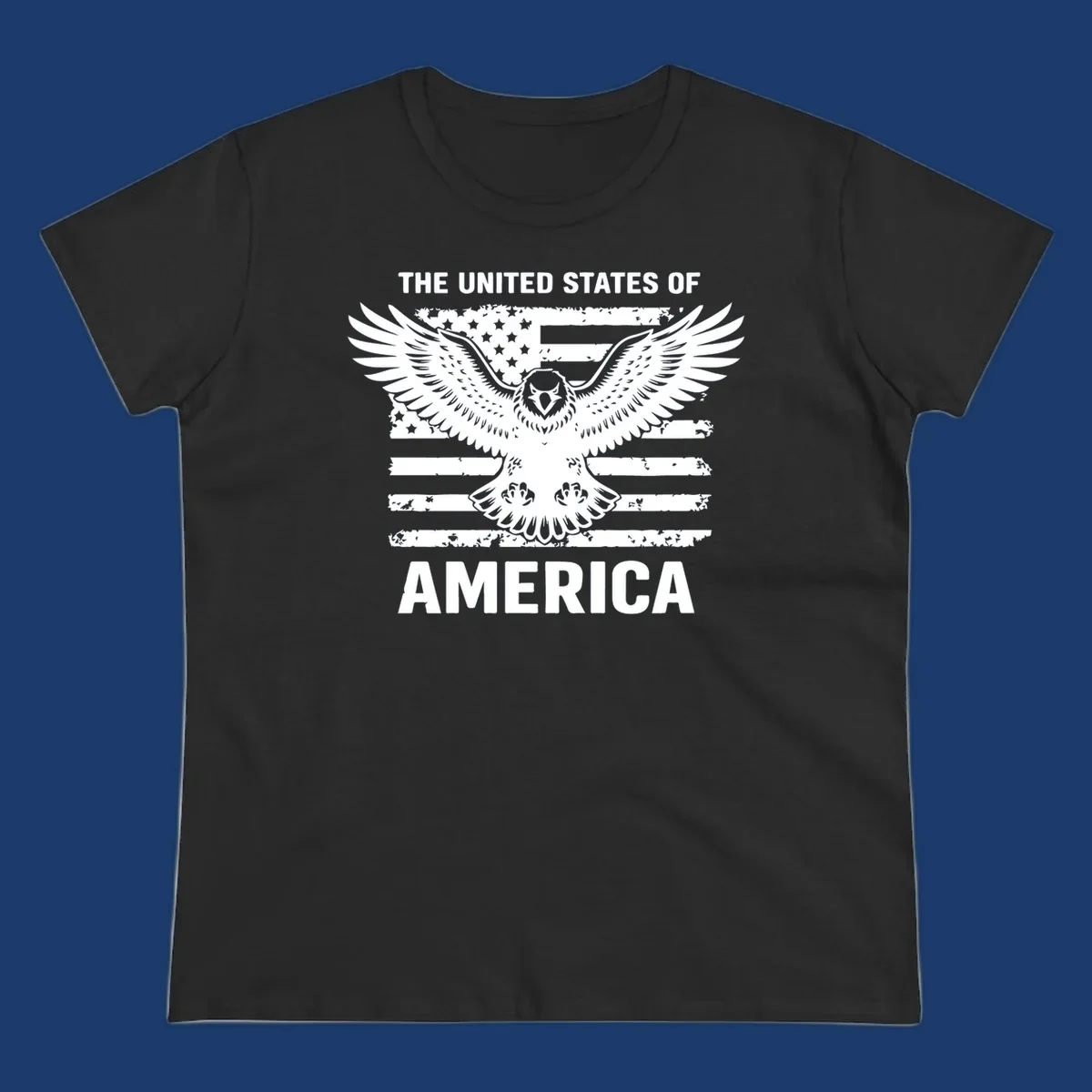 Bold American eagle with outstretched wings superimposed over a distressed USA flag, text 'THE UNITED STATES OF AMERICA'.