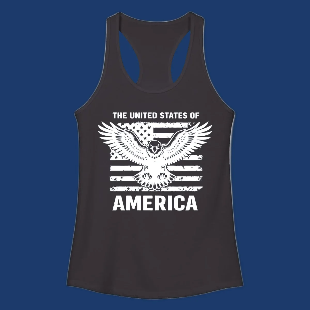 Bold American eagle with outstretched wings superimposed over a distressed USA flag, text 'THE UNITED STATES OF AMERICA'.