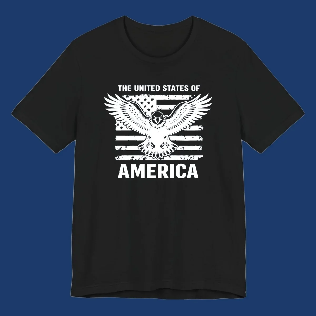 Bold American eagle with outstretched wings superimposed over a distressed USA flag, text 'THE UNITED STATES OF AMERICA'.