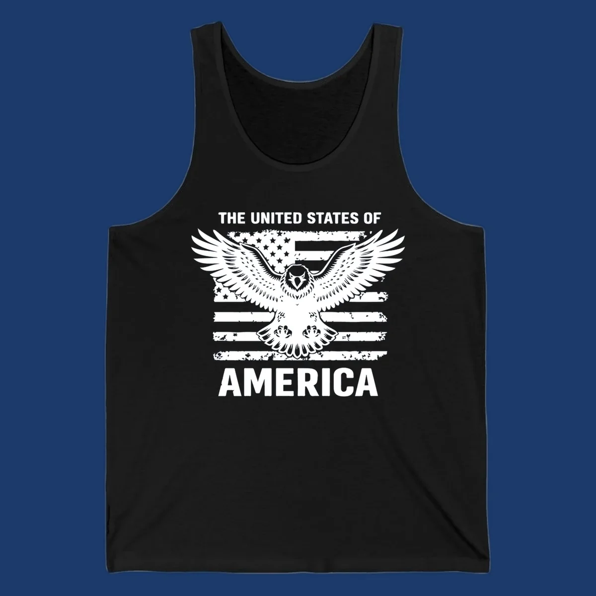 Bold American eagle with outstretched wings superimposed over a distressed USA flag, text 'THE UNITED STATES OF AMERICA'.