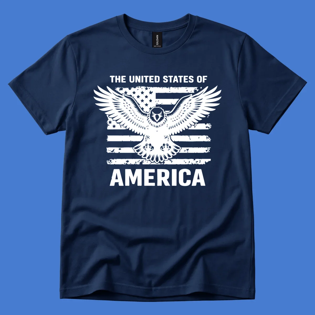 Bold American eagle with outstretched wings superimposed over a distressed USA flag, text 'THE UNITED STATES OF AMERICA'.
