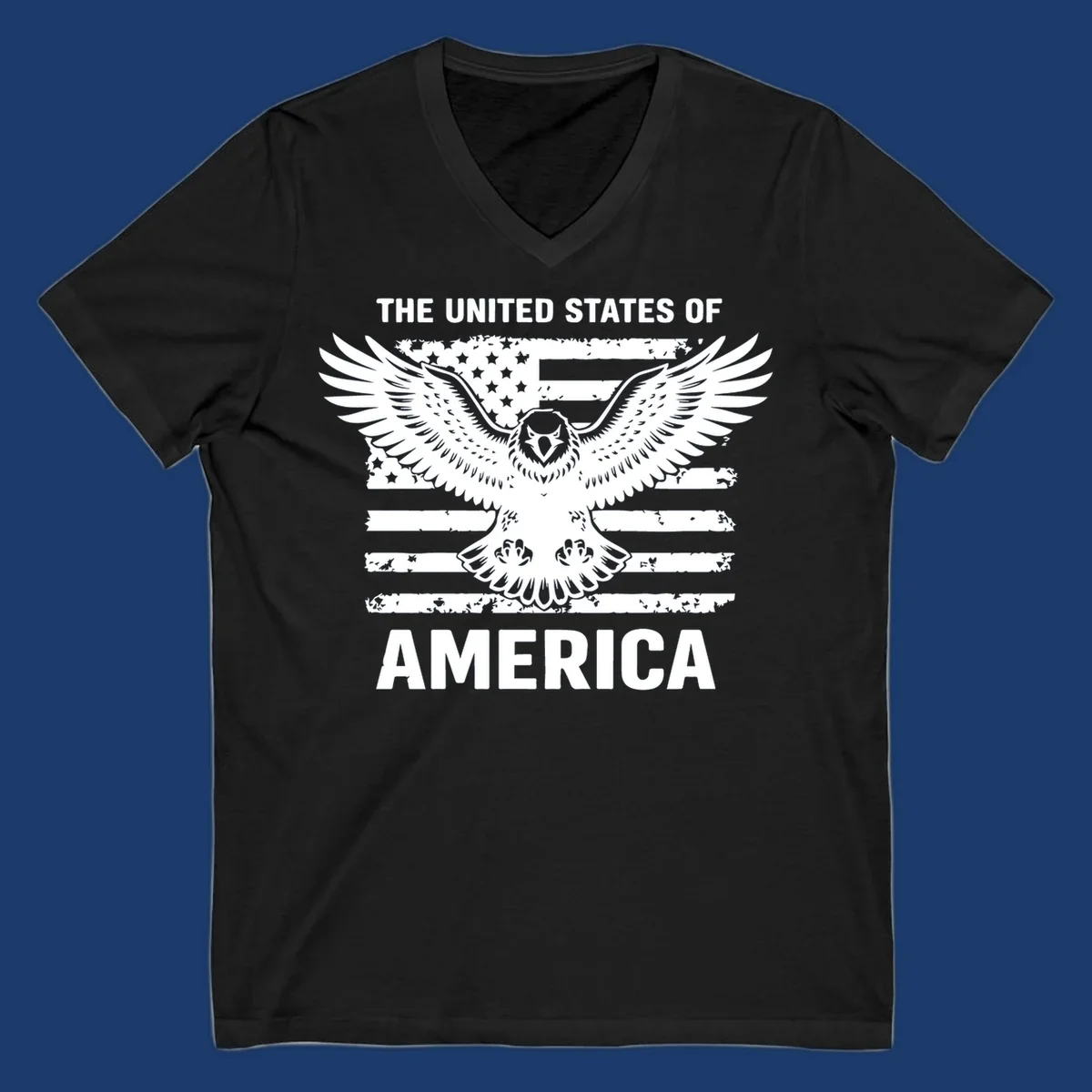 Bold American eagle with outstretched wings superimposed over a distressed USA flag, text 'THE UNITED STATES OF AMERICA'.