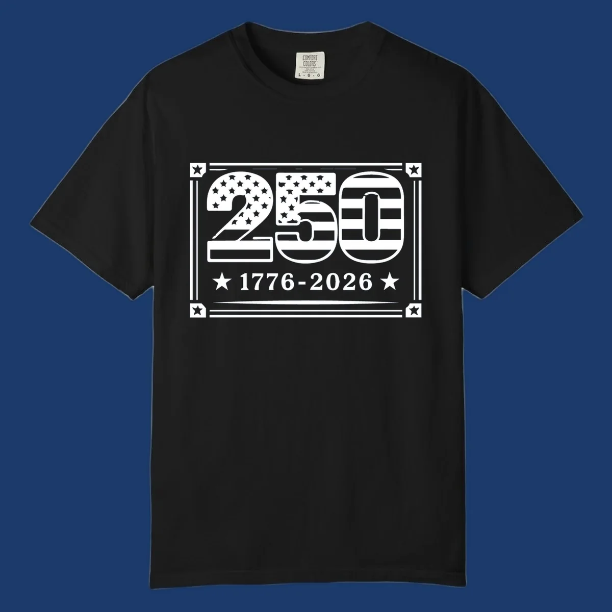 America 250th anniversary design with flag elements and dates 1776-2026.