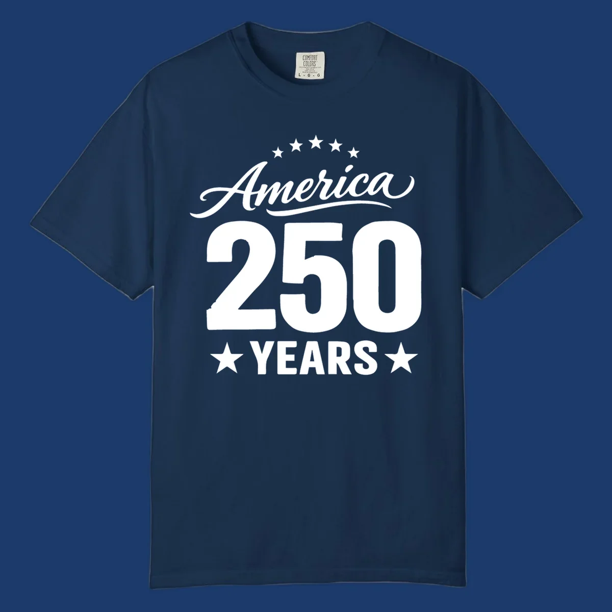 America 250 years text with stars, bold design for celebration.