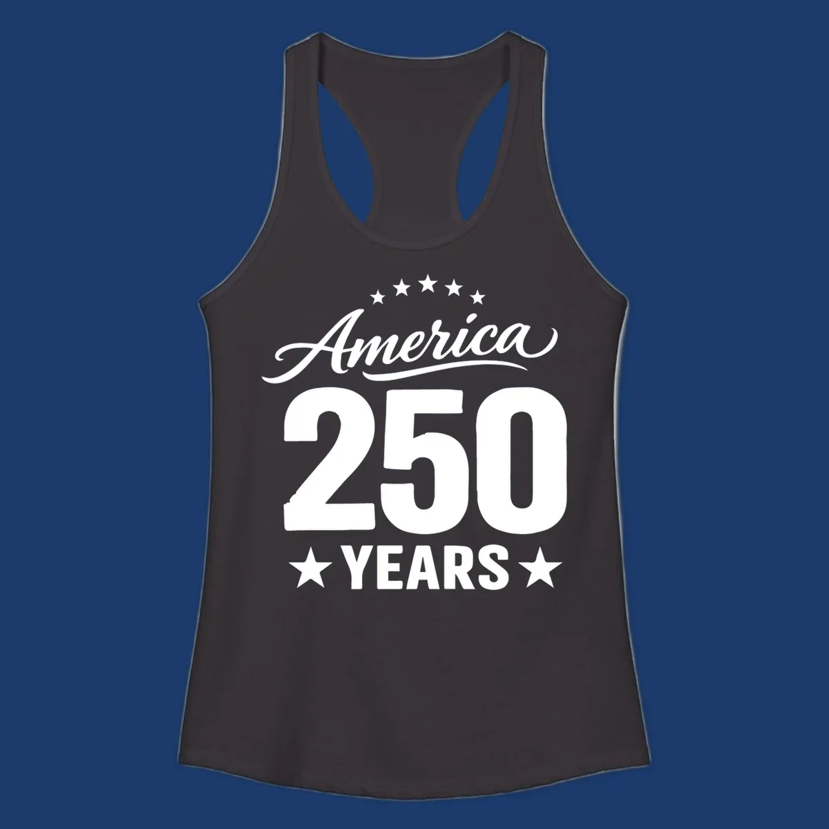 America 250 years text with stars, bold design for celebration.