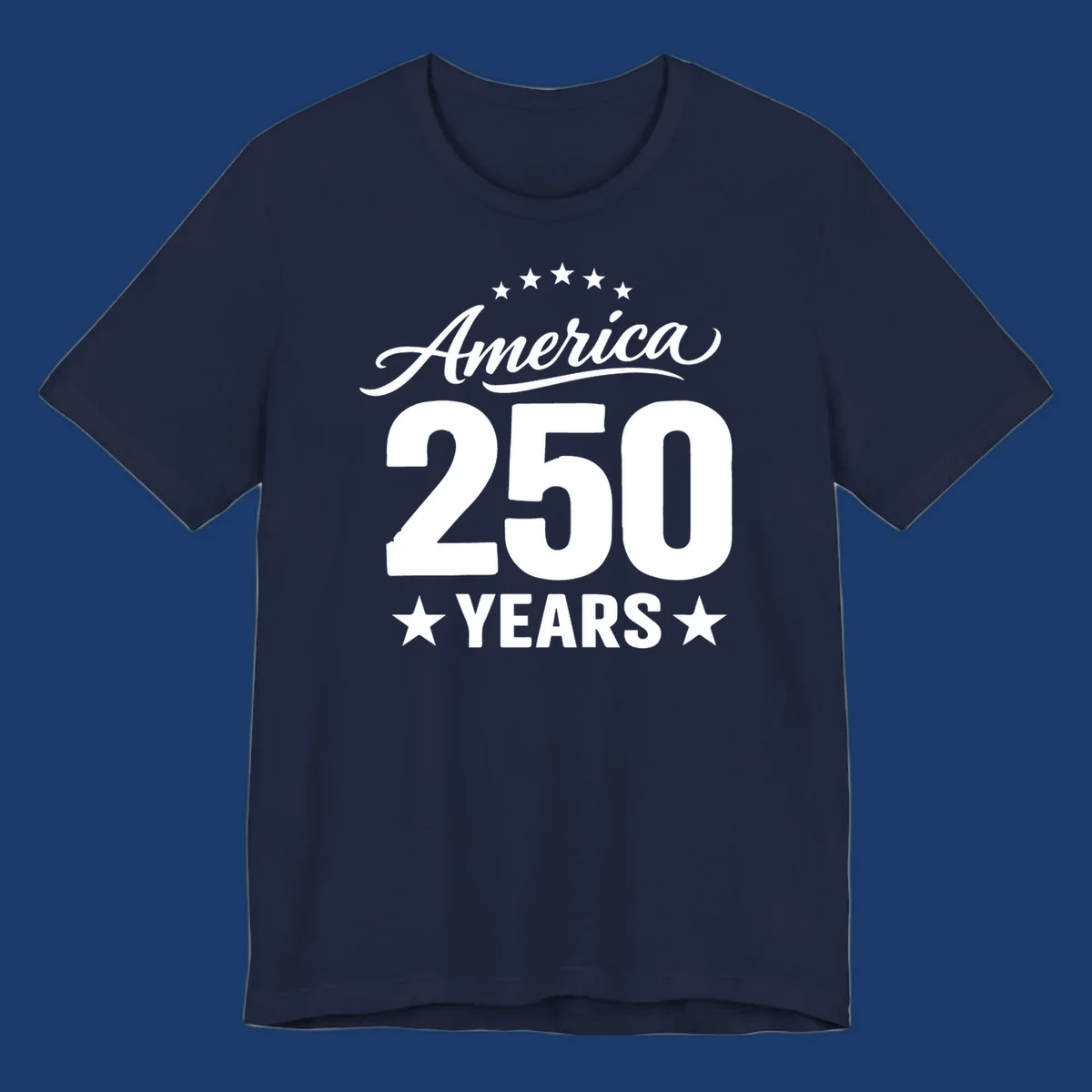 America 250 years text with stars, bold design for celebration.